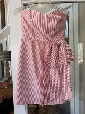 Judith March Retro Coral WhiteStriped Strapless Mini Dress w/ Side Bow & pockets